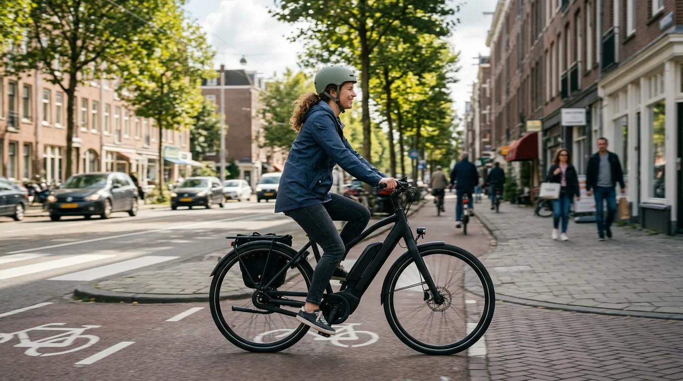 Ciclista utilizando bicicleta elétrica em ladeira urbana com motor dentro do limite regulamentado