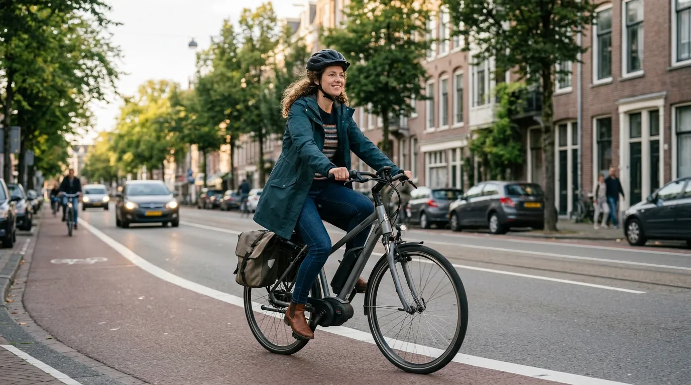 Bicicleta elétrica subindo ladeira urbana com motor dentro do limite legal de potência